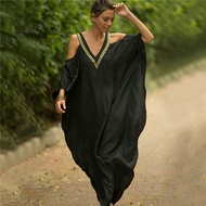 Elegant Black Kaftan Beach Tunic Beach Cover up Saida de Praia Swimsuit Women Bikini cover up Pareo 