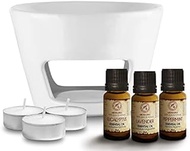 Aromatherapy Set - Oil Burner White &amp; Essential Oils Set 3*10ml - Peppermint Essential Oil - Lavender Essential Oil - Eucalyptus Essential Oil - Ceramic Oil Burner - for Aromatherapy - 3 Candles Free