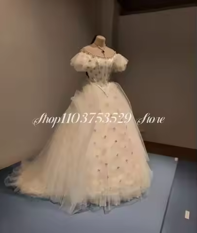 White fluffy Victorian Evening Round Neck Strapless Short Sleeve Bodice Silver Applique Lace Puffy C