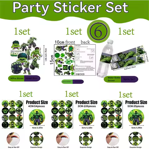 HEROCROSS 6pcs/set Superhero Hulk Theme Stickers Party Supplies Waterproof Temporary Colorful Animal