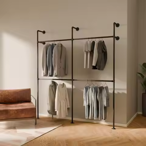 Industrial Pipe Clothing Rack Wall Mounted Black Closet System in PowderCoated Steel 79.13 W 87.4 H 
