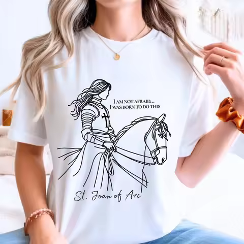 St. Joan of Arc Graphic Tee Christian T-Shirt Joan of Arc Round Neck Shirts Round Collar Christianit