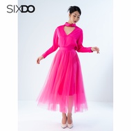 Áo lụa hồng nữ dài tay cổ choker SIXDO (Magenta Choker Silk Top)