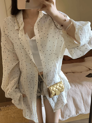 ฤดูร้อน หลวม เสื้อเชิ้ตแขนยาว โบว์ Tie Polka Dot Sun Protection ขากว้าง กางเกงยีนส์ กางเกงขาสั้น เลี