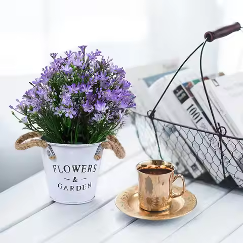 Artificial Bonsai Flower Fake Flowers with Vase Iron Sheet Flower Bucket for Vintage Wedding Party T