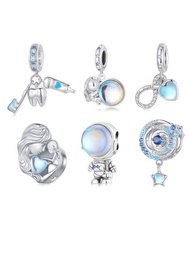 1入組925純銀藍色月光石魅力永恆愛之吊墜（包括太空人和母親珠串）,適用於女性自己製作手鍊或項鍊的優質珠寶
