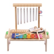 Wind Chime Combination Set Kids Drum Set Windchime Xylophone Drum Wood Guiro Scraper 4-in-1 Musical Instruments Set with 2 Mallets Natural Wooden Music Kit Birthday Gifts [ppday]