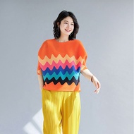 Summer  large size shirt with pleats loose and slim colorful striped T-shirt for women