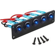 5 Gang 3 Pin Rocker Switch Panel, Waterproof On-Off Toggle Switch with Pre-Wired 12V DC Round 20A 3 
