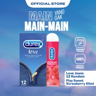 Durex Love Jeans 12s - Kondom Extra Aman Pelumas Pria + Durex Lube Play Sweet Strawberry 50ml - Pelu