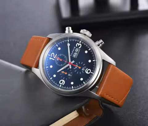 PARNIS Quartz Men Watch Chronograph Date Week Function Round Case Leather Band