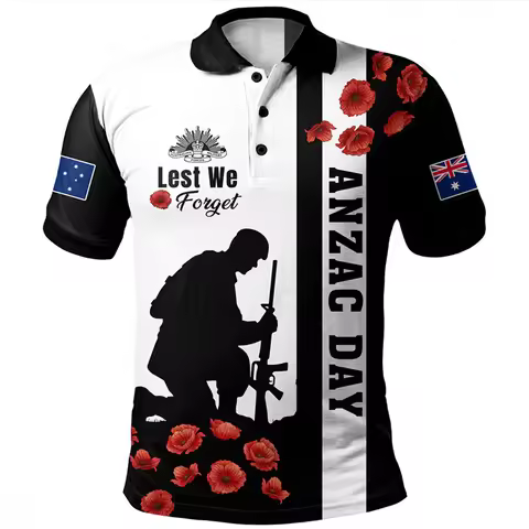Men Lest We Forget Anzac Day Polo Shirt Australian Flag Poppy 3D Print Short Sleeve Breathable Casua