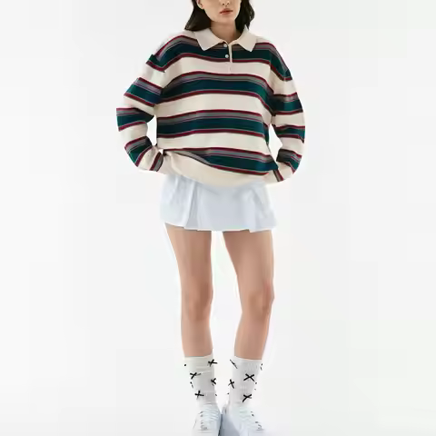 Combhasaki Women Striped Rugby Knitwear Pullovers Y2K Oversized Polo Sweatshirt Preppy Collared Knit