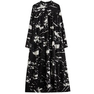 XITAO Black Print Dress Long Sleeve Casual Loose Vintage Women