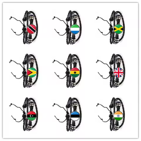 Trinidad,Sierra leone,Jamaica,Guyana,Ghana,UK,Libya,Estonia,India National Flag Leather Bracelet For
