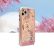 iPhone 11 全系列水晶彩鑽全包鏡面指環扣雙料手機殼-日本櫻