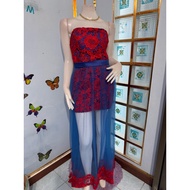 MAXI DRESS Red Mesh Embroidered Strapless