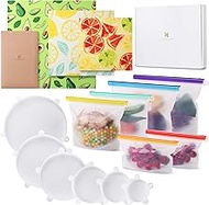 Homelux Theory 15 Pack Silicone Food Storage Reusable Bags+ Beeswax Wrap+ Silicone Stretch Lids, Zero Waste Products, Plastic Free Reusable Food Wraps &amp; Covers, Airtight Seal Food Bags (15 Piece Set)