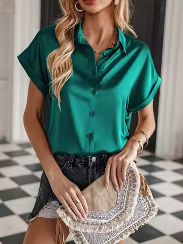 Summer Satin Shirt Women Short Sleeve Button Up Shirts Ladies Office Loose Silk Shirt Blouse for Wom