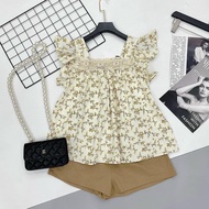 Áo Kiểu Babydoll Nữ Bánh bèo Cổ Vuông tay ngắn vai bồng Áo nữ sơ mi kiểu trễ vai Mix Quần Sooc - SN0