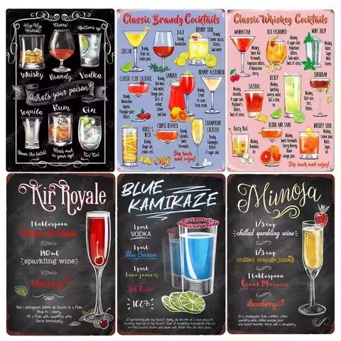 Metal Tin Signs for Home Decoration, Classic Cocktails, Moscow Mule, Vintage Bar Signs, Gin Whisky V