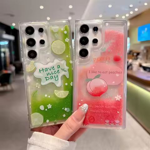 Floating Quicksand Lemon Peach Case for Samsung S23 S24 S25 Ultra Phone Cover Glitter Pink Green Mov