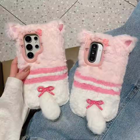 3D Cute Bowknot Kitty Cat Furry Winter Warm Fluffy Soft Fur Case for Samsung Galaxy S23 S24 S25 Ultr