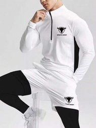 Manfinity Sport Corelite 男士字母圖案半拉鍊運動夾克及2合1運動長褲,健身運動服裝,跑步套裝