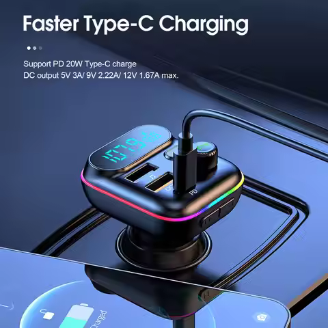18W Car Fast Bluetooth 5.0 FM Transmitter PD Dual Player USB Light MP3 Type-C Cigarette Colorful Lig