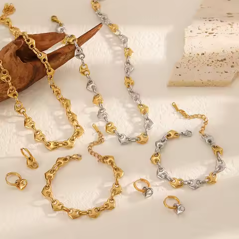 Peri'sbox Stainless Steel Fashion Heart Metal Necklace Bracelet Earring Set Women's Waterproof Desig