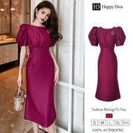 Happy Diva Womens Red Satin Straight Midi Dress Puff Sleeves Noble Slim Waist Prom Dinner Graduation