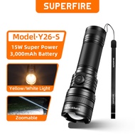 SUPERFIRE Y26-S 15W LED Zoom Flashlight 600M Super Bright Long-range Rechargeable Torch White And Ye