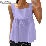 ZANZEA Women Korean Fashion Square Neck Sleeveless Lace Versatile Tank Top