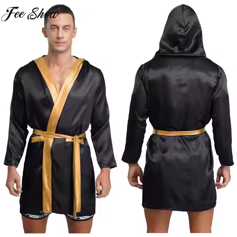 Men Boxing Robe Halloween Carnival Boxer Cosplay Costume Long Sleeve Open Front Metallic Satin Pugil