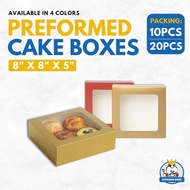 Preformed Cake Box 8x8x5 inches (White, Red, Gold, Kraft) With Window | Square Cake Pastry Box
