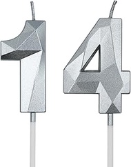 14th & 41st Birthday Candles for Cake, Silver Number 14 41 3D Diamond Shaped Candle Birthday Decorat