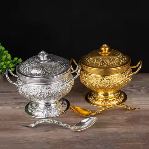 GIEMZA Relief Metal Container 1pc Tall Pan Flower Thailand Tableware Soup Container Southeast Asian 