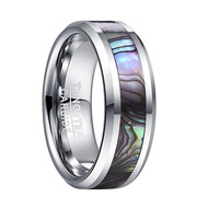 BONLAVIE 8mm Wide Tungsten Carbide Ring Wedding Band Steel Color Inlaid Abalone Shell Tungsten Steel