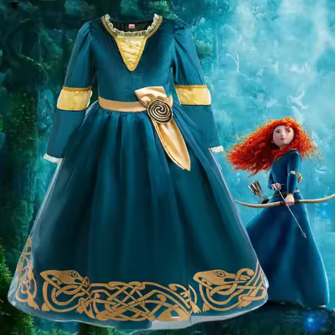 Cartoon Brave Merida Cosplay Costume Girls Green Merida Princess Dress Birthday Halloween Party Cost