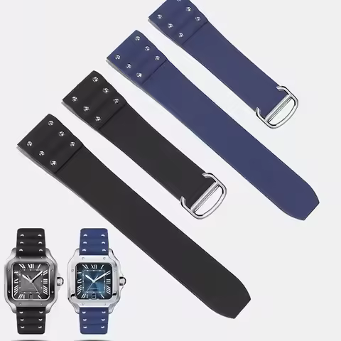 Rubber watchband For Cartier Santos watch strap 21mm Silicone bracelet Folding buckle Black Blue Wri