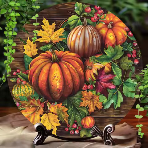 Vintage 2D Flat Print Round Aluminum Sign: Fall Harvest Pumpkins Themed, 8x8 Inch, Wall Art for Bar,