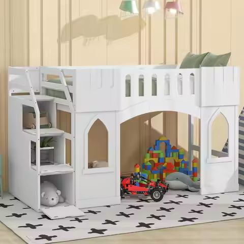 Low Loft Bed with Stairs, Twin Size Loft Bed with Storage Staircase and Window, Wood Loft Bed Frame 