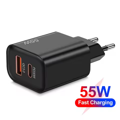 2Ports USB C Charger 55W Fast Charge QC3.0 EU/US Plug Wall Charger for iPhone Samsung Xiaomi Huawei 