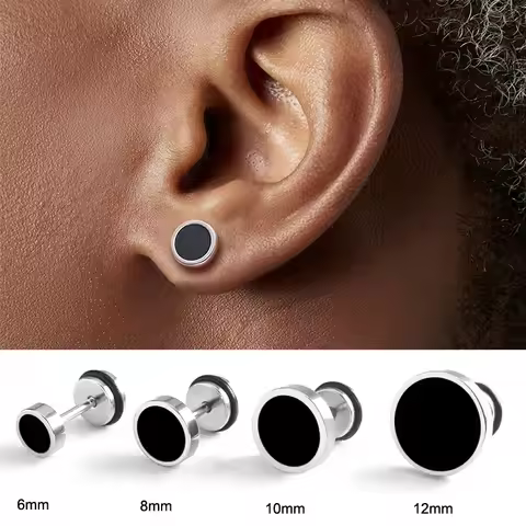 2pcs 16G Titanium Steel Men's Earings, Round Black Oil Drip Stud Earrings For Men Fashion Stainless 