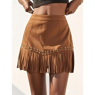 inlzdz Womens Cowgirl Fringe Mini Skirt Gold Stud Embellishments Tassel Hem Faux Suede Skirt Fashion