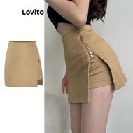 Lovito Preppy Plain Zipper Split Shorts for Women L59ED161 (Khaki) Lovito Celana Pendek Belahan Ritsleting Polos Rapi untuk Wanita
