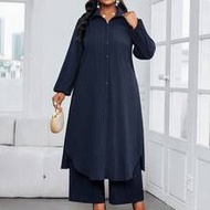 Autumn And Winter Casual Elegant Work Navy Blue Woven Shirt Collar Bishop Sleeve Pocket Long Long Sl