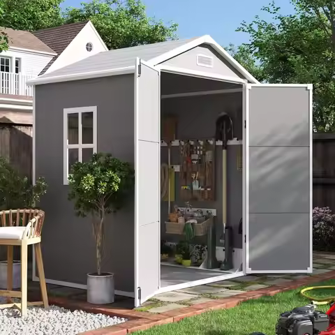 6x4.5ft Outdoor Plastic Storage Shed - Secure Lockable Door, Ideal for Garden, Bikes, Tools, Grey & 