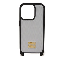 MIUMIU Matelassé iPhone 15 Pro 手機殼，納帕皮革，淺藍色，帶掛繩，金屬 Logo，Fiordariso 智慧型手機殼，5ZH185 2FPP F0591