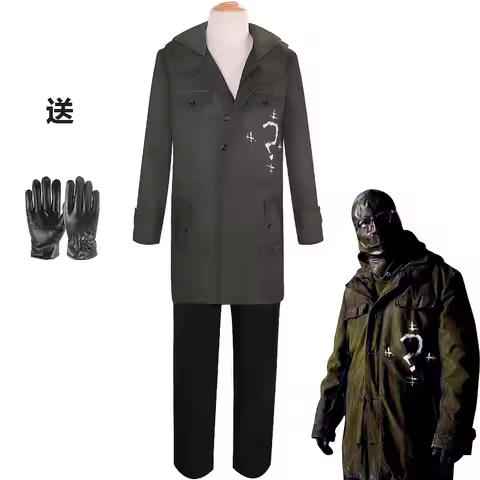 Villain Question Mark Coat Halloween Cosplay Outfits Riddler Edward Army Green Jacket Mask Headgear 